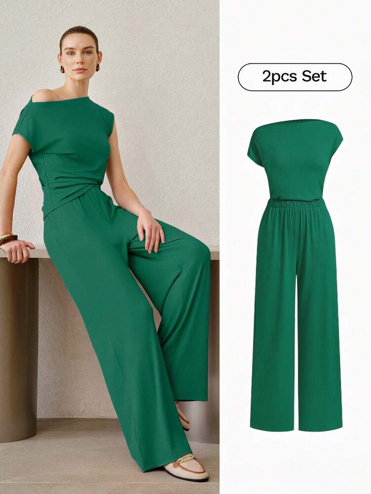 WOMEN'S CASUAL ASYMMETRIC SHOULDER KNIT TOP & PANTS 2 PIECES SET