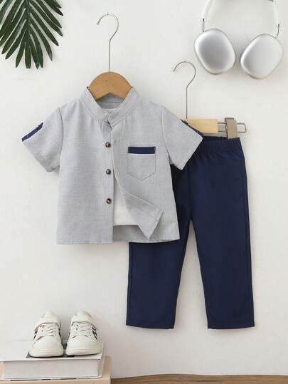2pcs Baby Boy Summer Casual Gentleman Set, Including Gray Short Sleeve Shirt With Pocket And Contrast Color Sports Pants, Loose Fit, Suitable For Spring/Summer Vacation, Beach, Back To School, Daily Wear, Casual Outing
