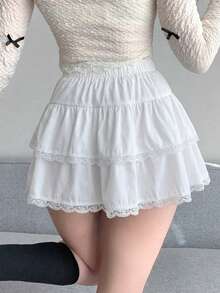 DAZY Women's Solid Color Elastic Waist Lace Ruffle Hem A-Line Skirt - White - View 4