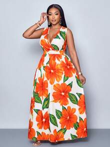 SOLERSUN Women's Plus Size Simple Everyday All Over Print Deep-V Neck Sleeveless Long Dress (Random Printing) - Coral Orange - View 6