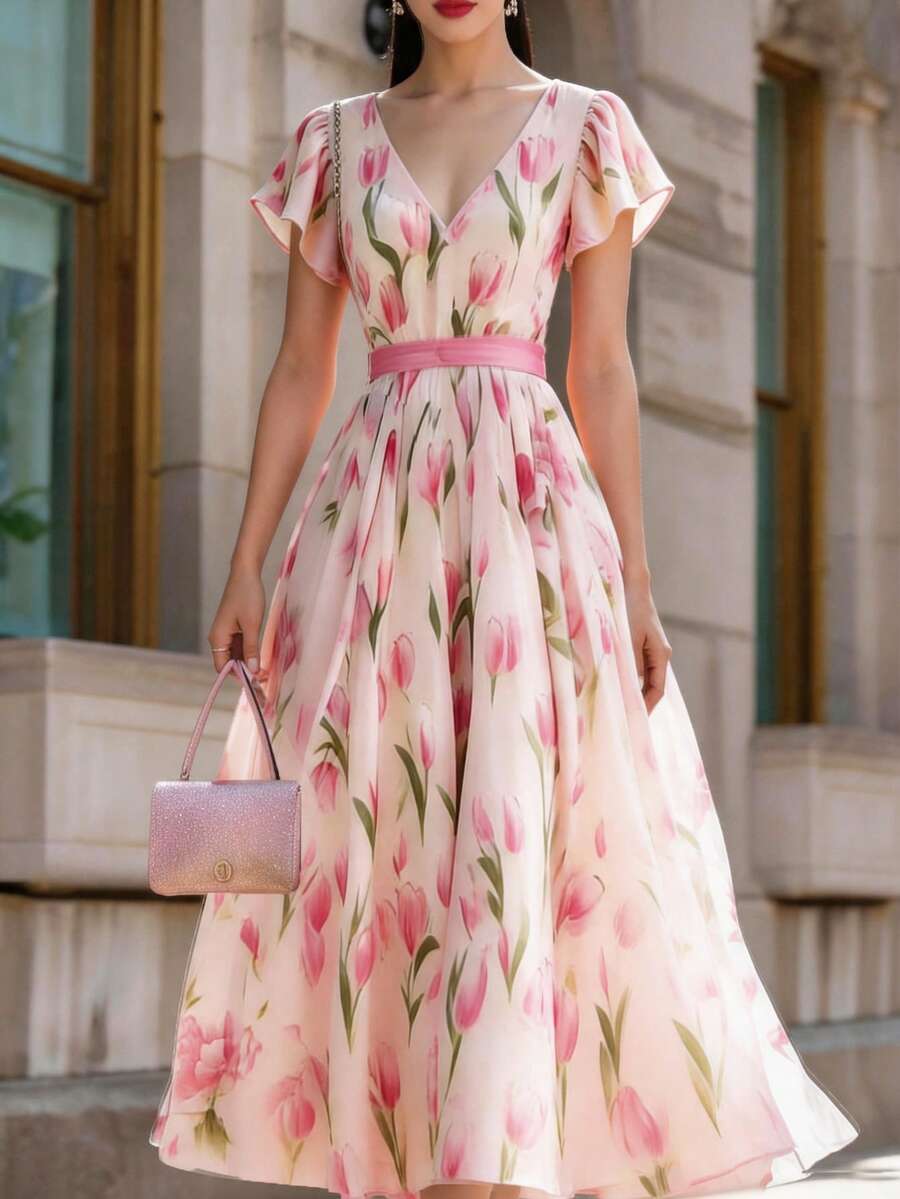 SHEIN Raffinéa 女士V领花瓣袖优雅浪漫郁金香印花粉色夏日连衣裙 - 粉色 - 查看 1