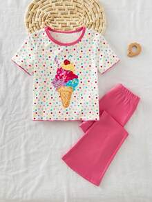 Emery Rose Kids Bộ 2 món gồm áo thun ngắn tay và quần ống loe in họa tiết chấm bi nhiều màu sắc dành cho bé gái. - Hồng - Xem 1