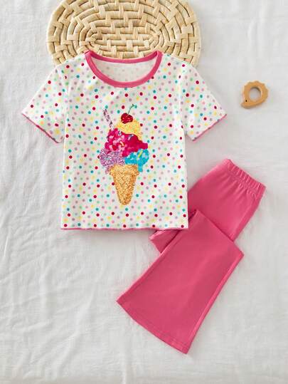 Emery Rose Kids Bộ 2 món gồm áo thun ngắn tay và quần ống loe in họa tiết chấm bi nhiều màu sắc dành cho bé gái.