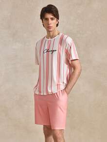 Conjunto de camiseta de manga corta con estampado de letras y rayas rosa & blanco y pantalones cortos con cintura de cordón y bolsillos para tu novio tenista - Rosa - Ver 3