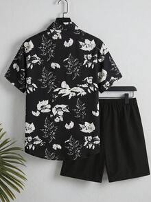 Genlund 男士夏季度假印花纽扣衬衫短裤套装 - 黑與白 - 查看 3