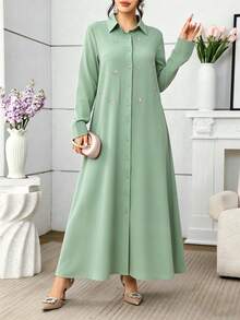 Al Najma Gaun Wanita Model Longgar Gaya Prancis Elegan Vintage Warna Burgundy dengan Hiasan Berlian Imitasi pada Kerah. - Hijau - View 4