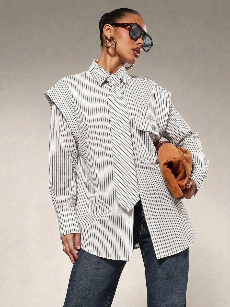 Hauture Women's White And Black Bow Tie Decor Casual Millennial Versatile Daily Wear Business Office Shirt Back-To-School Autumn - Black and White - View 1