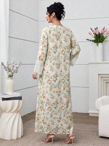 Yasmyna V-Neck Chiffon Lace Patchwork Floral Print Dress With Headscarf, Pink Tone - Green - View 7