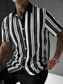 SLATEMANN Men's Casual Mesh Patchwork Street-Style Shirt - Black and White - View 5