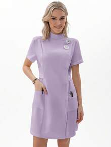 TaskEZ 女式手术服制服纽扣前开襟医院护士手术服连衣裙实验服 - 紫色 - 查看 8