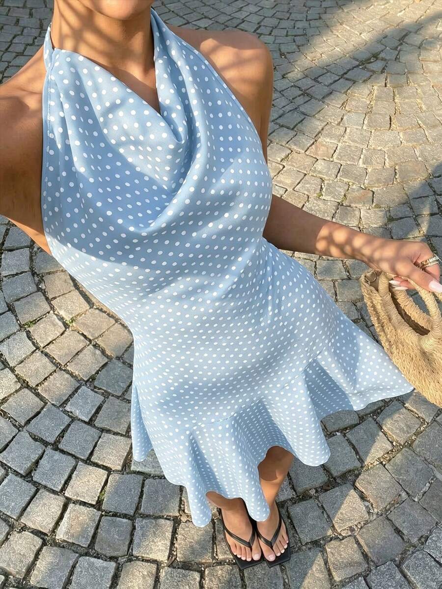 Sunnyshic Women's Vacation Black & White Polka Dot Draped Neck Tie-Up Splice Dress - Baby Blue - View 1