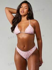 MISSGUIDED Conjunto de bikini triángulo con estampado de leopardo rosa, traje de baño de dos piezas para playa y vacaciones de verano, parte superior halter reversible y Bottom brasileña - Rosa - Ver 1