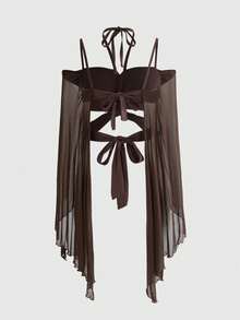 ROMWE Top corto con mangas acampanadas y parches con diseño de mariposa, estilo Y2K Beach Goth - Marrón - Ver 2