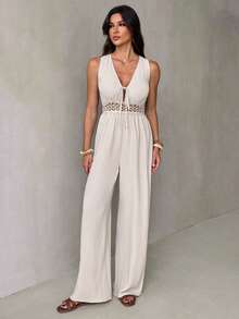 SHEIN Tall Bộ áo liền quần nữ cổ chữ V thắt nơ, kiểu dáng thường ngày, thích hợp mặc hàng ngày. - Màu be - Xem 3