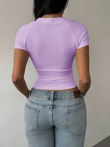 SHEIN BASICS Solid Color Knit Convertible Collar Fitted Cropped Women Top - Purple - View 3