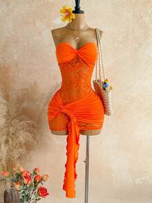 Soleia Đầm mini ôm sát màu hồng nhạt xuyên thấu với dây rút, kiểu dáng boho, kiểu dáng quây ngực ren xoắn mới, thích hợp cho tiệc tùng, tiệc chiêu đãi, kỳ nghỉ, phong cách vintage, lễ hội, đi biển, du thuyền. - Màu Cam cháy - Xem 1