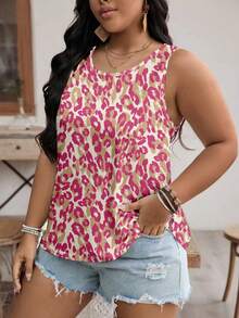 SHEIN VCAY Plus Size Leopard Print Round Neck Sleeveless Tank Top - Multicolor - View 3