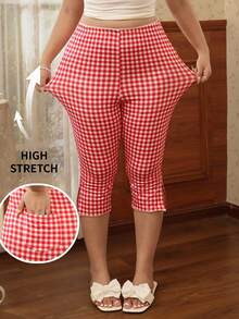 CovetEZ Quần legging lửng 7/8 kẻ caro dáng ôm dành cho nữ cỡ lớn, đa năng, thích hợp mặc hàng ngày. - Đỏ - Xem 1