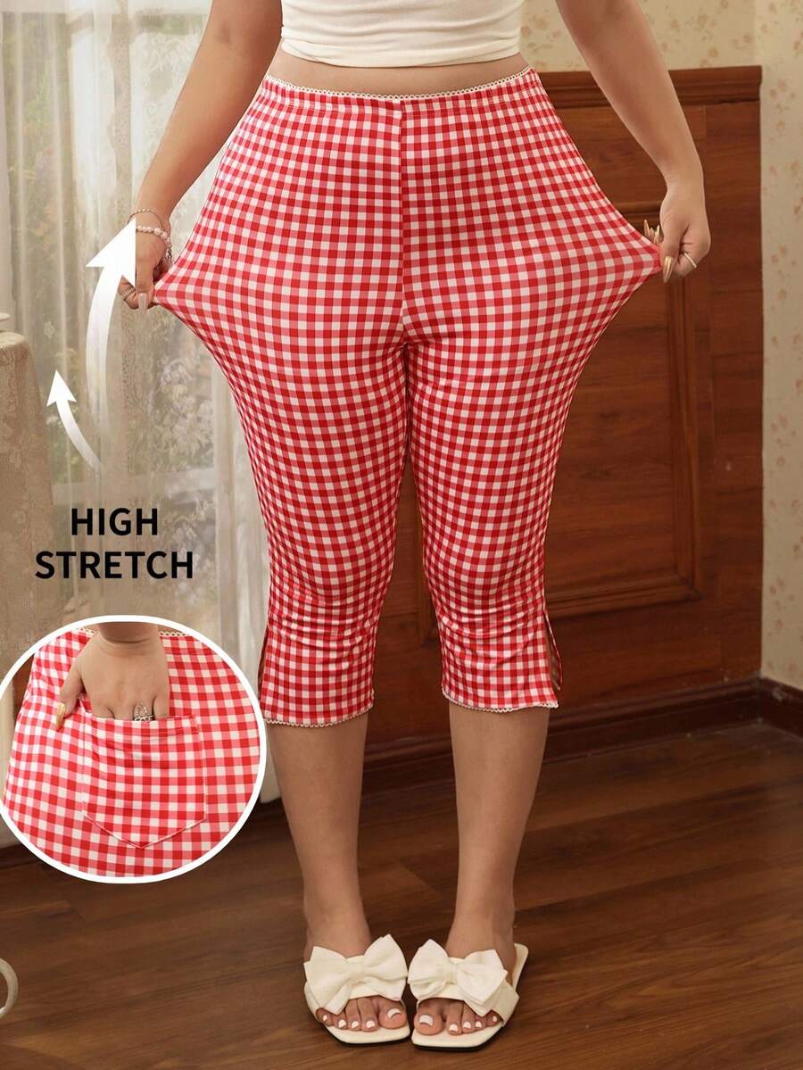 CovetEZ Quần legging lửng 7/8 kẻ caro dáng ôm dành cho nữ cỡ lớn, đa năng, thích hợp mặc hàng ngày. - Đỏ - Xem 1