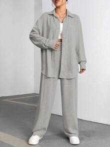Flirla Ladies' Solid Color Drop Shoulder Long Sleeve Shirt And Pants Two-Piece Set - Grey - View 4