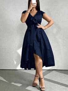 SHEIN Clasi Plus Size Solid Color V-Neck Ruffle Trim Party Dress Maxi Women Outfit - Navy Blue - View 5