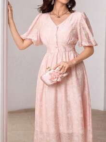 Modelyn V-Neck Petal Sleeve Jacquard Front Button Closure Pink Floral Floral Dress, Spring/Summer Tea Party Cute Elegant - Pink - View 8