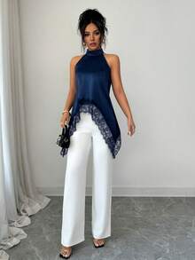 SHEIN Elenzya 女士蕾丝拼接露背休闲百搭日常衬衫 - 藍色 - 查看 7