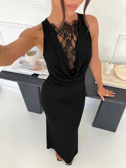 Siren Gaze New Summer Lace Patchwork Draped Neck Sleeveless Bodycon Dress For Women