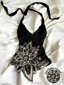 MYSTAURA Women's Floral Print Halter Neck Vacation Top - Black - View 1