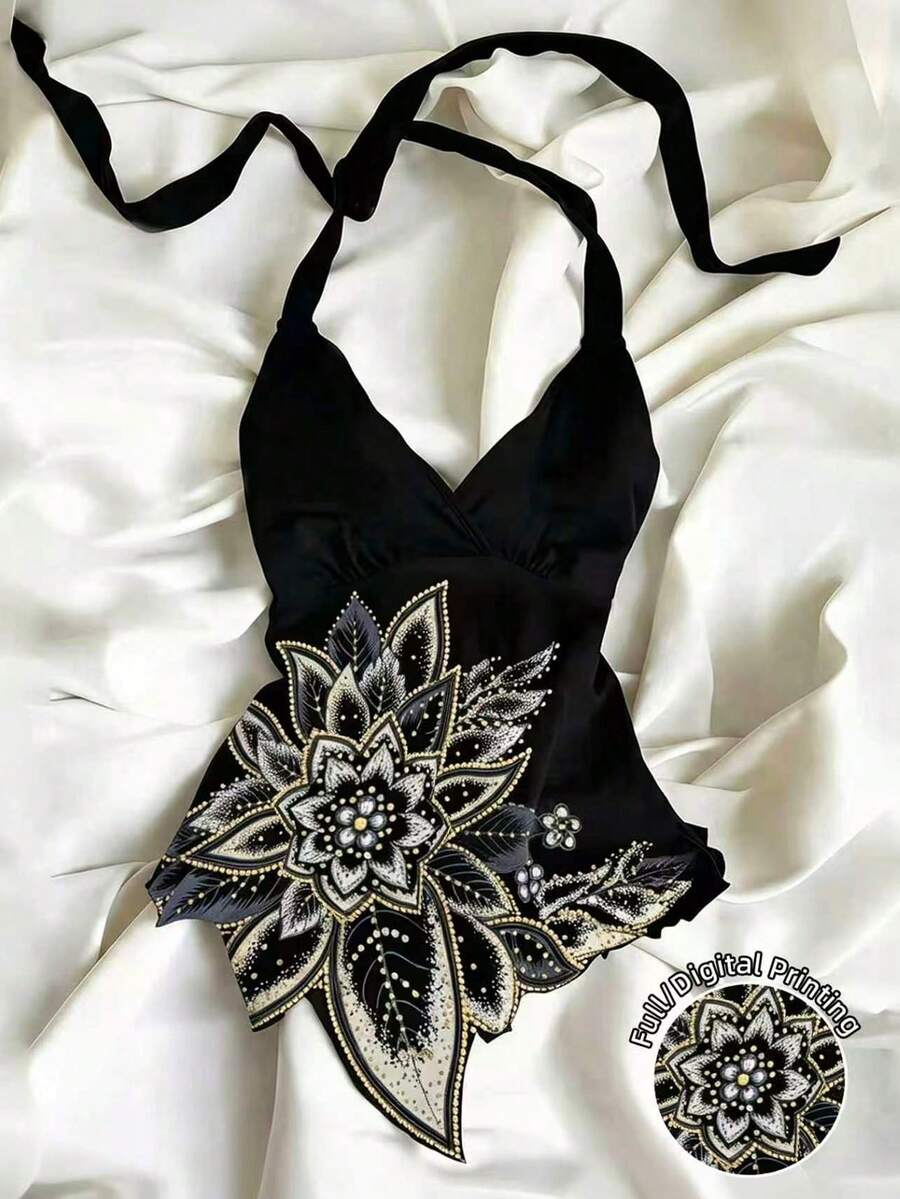 MYSTAURA Women's Floral Print Halter Neck Vacation Top - Black - View 1