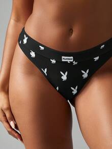 Missguided x Playboy 兔子印花丁字裤女士舒适低腰内裤 - 黑色 - 查看 5