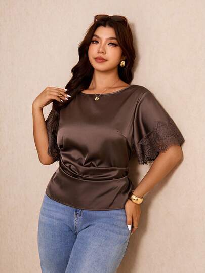Elaquor Plus Size Women's Solid Color Contrast Lace Short Sleeve Elegant Blouse