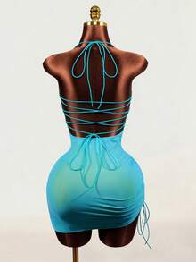 Mistrie Vestido mini ajustado con cuello halter de malla transparente azul con escote de corazón y drapeado, vestido de playa y salida para mujeres, nuevo para el verano de 2026 - Multicolor - Ver 2