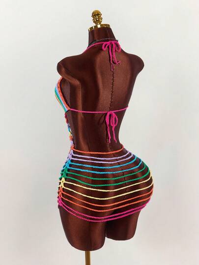 Amplova New Vacation-Style Red & Colorful Knitted Mini Dress For Women