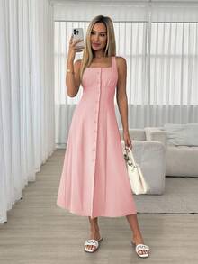 Easowa Women's Simple Solid Color Square Neck Single-Breasted Casual Vacation Commute Dress, Summer,Dresses For Women Summer - Watermelon Pink - View 5
