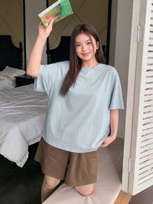 Dazy Plus 2pcs Casual Lounge Wear Set, Loose Short Sleeve Top And Elastic Waist Shorts, Spring/Summer Plus Size Women Pajamas - Baby Blue - View 4