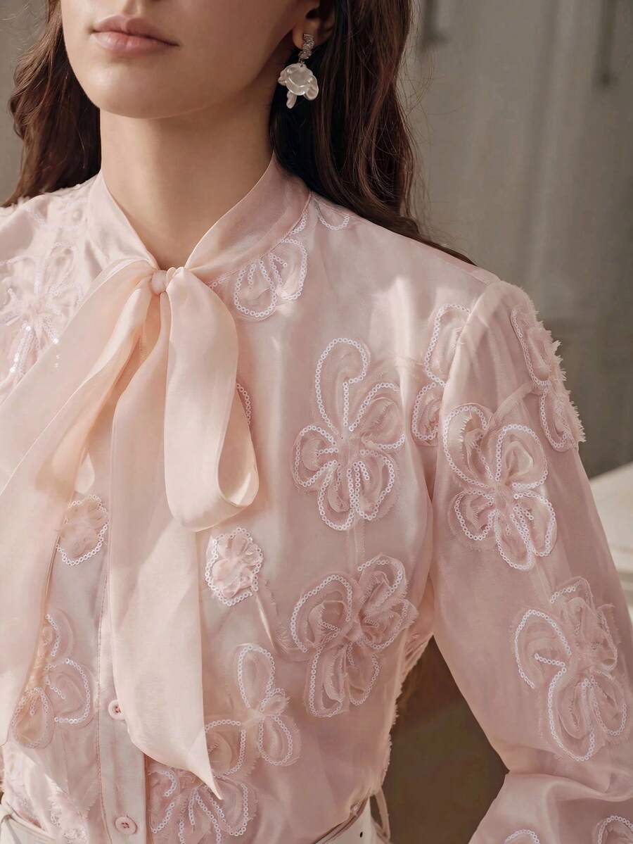 Anewsta Women's New Elegant Romantic Long Sleeve Shirt With Pearl Embroidery Design, Slimming Luxurious Party Blush Pink Autumn - Pink - View 1