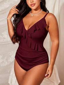 Slaydiva Áo tắm liền thân cỡ lớn dành cho nữ, màu trơn, có bèo nhún và dây đeo. - Màu Đỏ Sâu - Xem 3