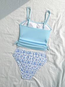 SHEIN Conjunto de Traje de Baño de 2 Piezas para Adolescente con Top Tankini Fruncido de unicolor y Braguita Tankini Triangular, Adecuado para Vacaciones de Verano y Playa - Azul - Ver 2