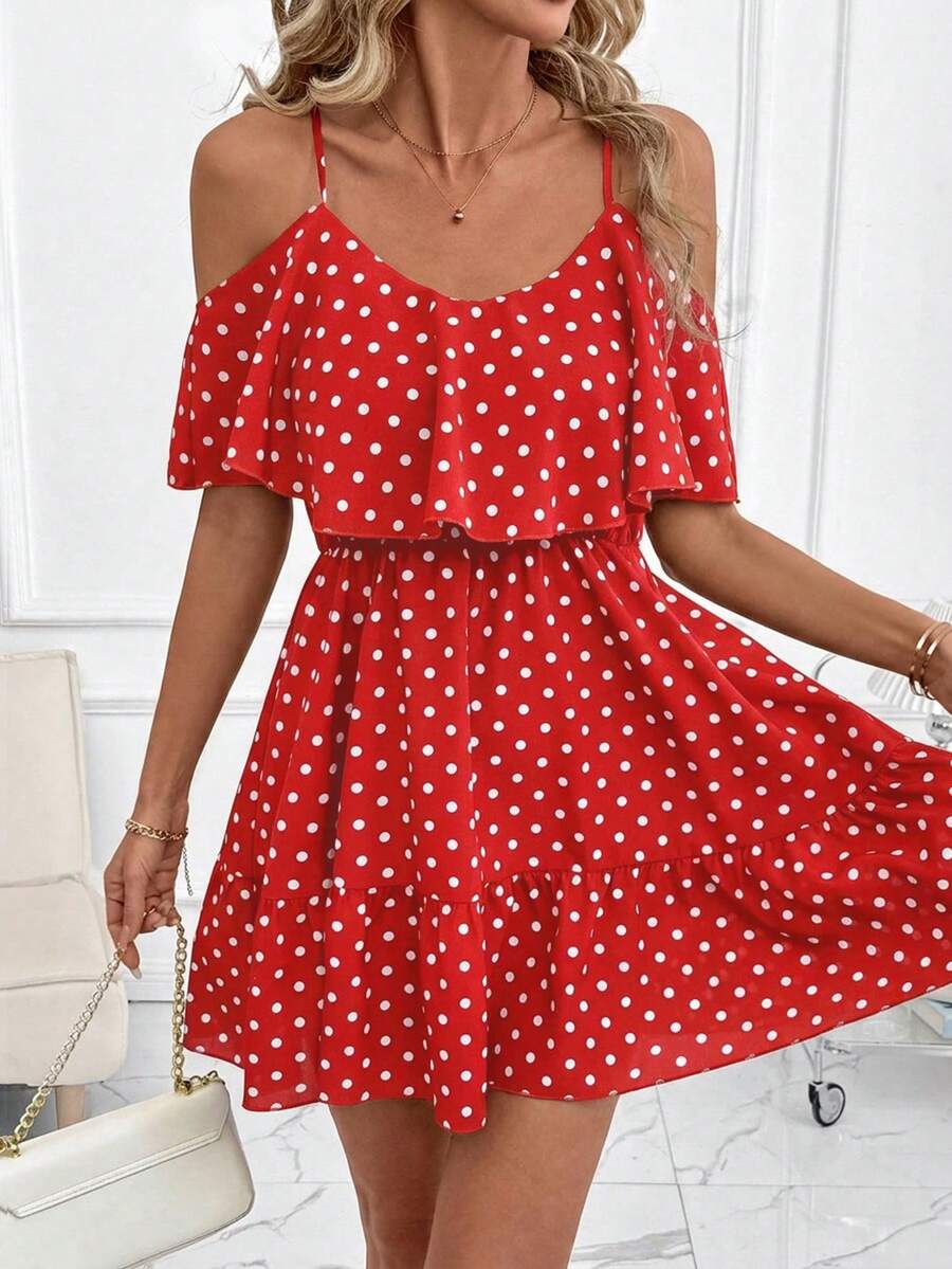 SHEIN Clasi Women's Elegant Brown Polka Dot Print Off-Shoulder Ruffle V-Neck Waist A-Line Short Dress - Red - View 1