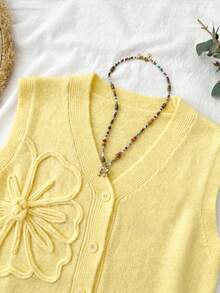 Travachic Women's Versatile 3D Embroidered Button Knit Vest Summer Top  Holiday Outfits Office Outfits For Women - Yellow - View 7