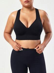 SHEIN Rhythm Era 2pcs Seamless Solid Color Wide Strap Sports Bra, Designed For Plus Size Women - Black - View 5