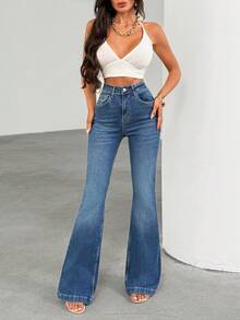 SHEIN بنطلون جينز بخصر عالي بقصة كاجوال بلون أزرق متوسط الغسيل، قماش مرن بأزرار أمامية وقصة منتظمة وقبة واسعة - أزرق متوسط - مشاهدة 6