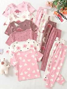 Randomly Ships 2 Of 6  Sets  Girl' Cartoon Dinosaur & Heart Flower Print Cute Sweet Pink Short Sleeve Top Matched With Pants Set,  Snug Fit - Multicolor - View 3
