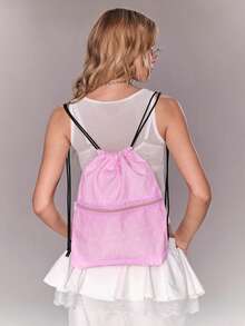 ROMWE Anime Y2K Star Printing Contrasting Color Lace Trim Transparent Zipper Pocket Large Capacity Multi-Functional Pink Drawstring Backpack, Cute Animation Style, Suitable For School, Commuting, Daily Leisure Use, Very Cute - Pink star - View 2