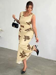 Firerie Vestido de vacaciones con estampado floral elegante, sin mangas, ajustado y con dobladillo de sirena para mujer de talla grande - Albaricoque - Ver 9