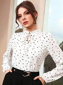 Modelyn Fashionable Youthful French Style Heart & Polka Dot Long Sleeve Stand Collar Ruffle Loose Slimming Versatile Women's Blouse - White - View 6