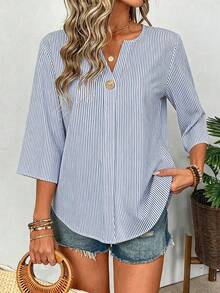 EMERY ROSE Plus Size Women's Casual V-Neck Striped Shirt Fall - Multicolor - View 3