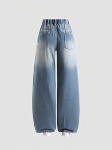 SHEIN Vintage Washed Blue Loose Wide-Leg Jeans,Summer Streetwear Holiday Back-To-School Fashion Casual Straight-Leg Jeans With Elastic Waist & Drawstring - Blue - View 2