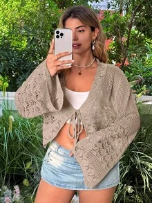 Vionelle Plus Size Solid Color Fashion Tie-Up Bow Shell Trim Cropped Shawl Crochet Mesh Beach Flare Sleeve Cardigan - Camel - View 3